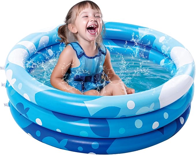 Sloosh Inflatable Kiddie Pool, 34"x10" Blow Up Kid Swimming Pool,3 Rings Blue Baby Pool for Toddler,Play Pit for Dog with Geometric Pattern for Summer Water Party Backyard Garden(Fish)