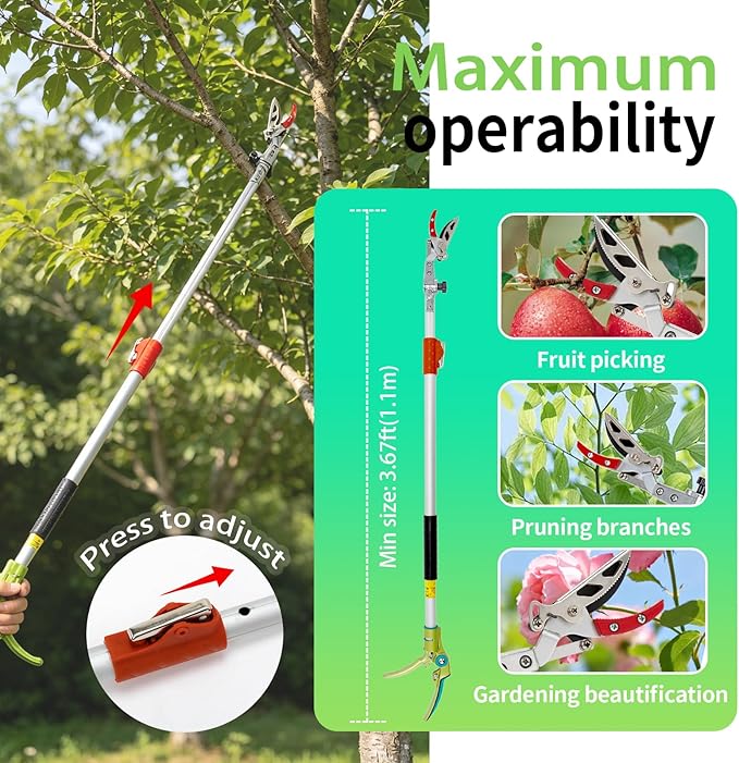 3.67-5.45Ft Extendable Cut & Tree Trimmer for Precision Gardening Pruning & Fruit picking, Long Reach Pruning Shears - Lightweight Aluminum Rust-Resistant Picker, Branch Bypass Loppers(1/2" Max Cut)