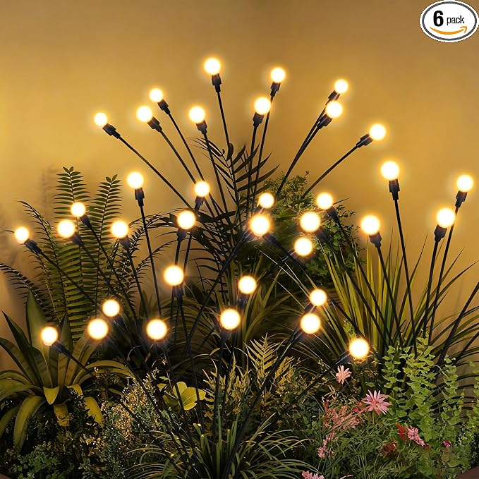 Solar Garden Lights, LED Swaying Solar Lights Outdoor Waterproof, Warm White Firefly Outdoor Decorative Lights, Garden Decor, Yard, Patio, Pathway Decoration Gardening Gifts (6 Pack)