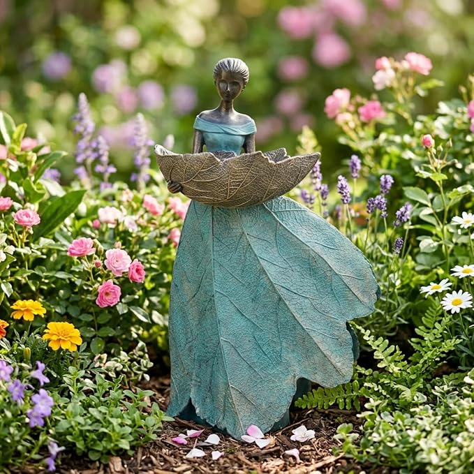 DiliComing Fairy Garden Statues Bird Feeder - 12 Inch Resin Outdoor Fairy Statue for Garden Decor, Decorative Patio Yard Lawn Flower Bed Figurine, Garden Gifts for Women (Green)