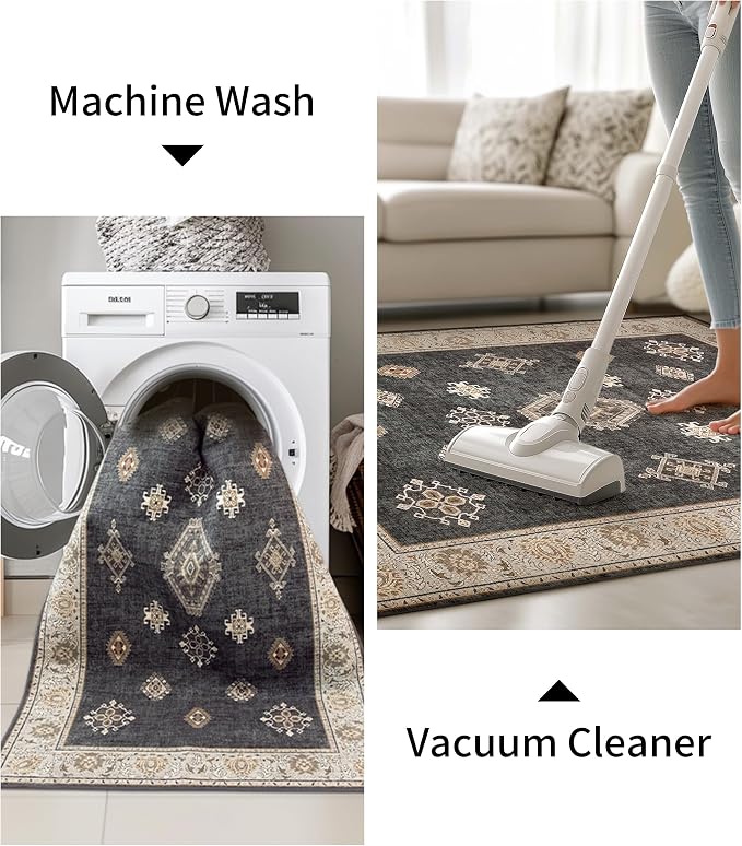 ILANGO Area Rugs 9'x12' Non Slip for Indoor Vintage Washable Rugs for Laundry Entryway Hallway Ultra-Thin Low-plie Floor Carpet for Bedroom Living Room Easy Cleaning