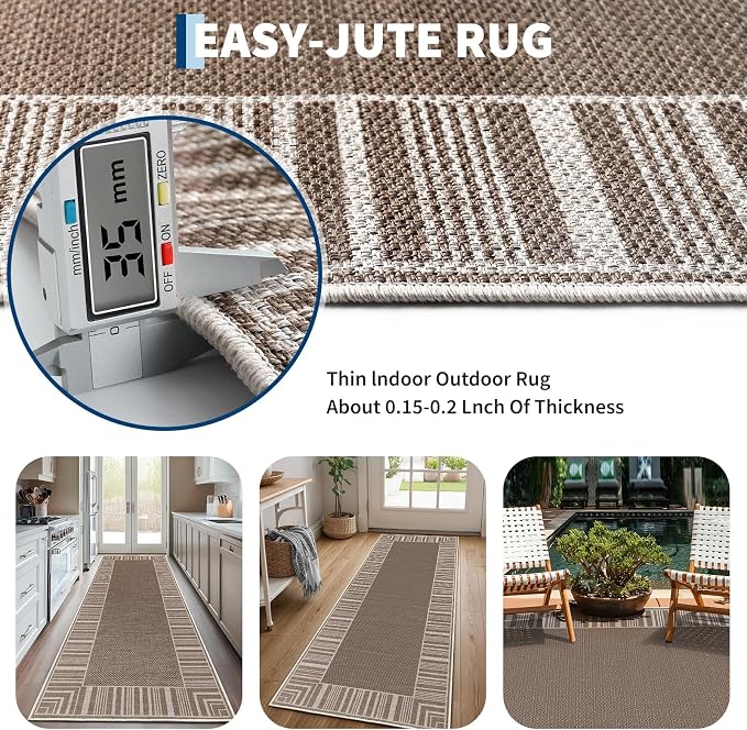COZYLOOM Indoor Outdoor Rugs 8x10 Modern Easy Jute Washable Area Rug,Taupe | Non Slip Neutral Bordered Non Shedding Stain Resistant Foldable Rug for Living Room Dining Room Bedroom Patio Backyard