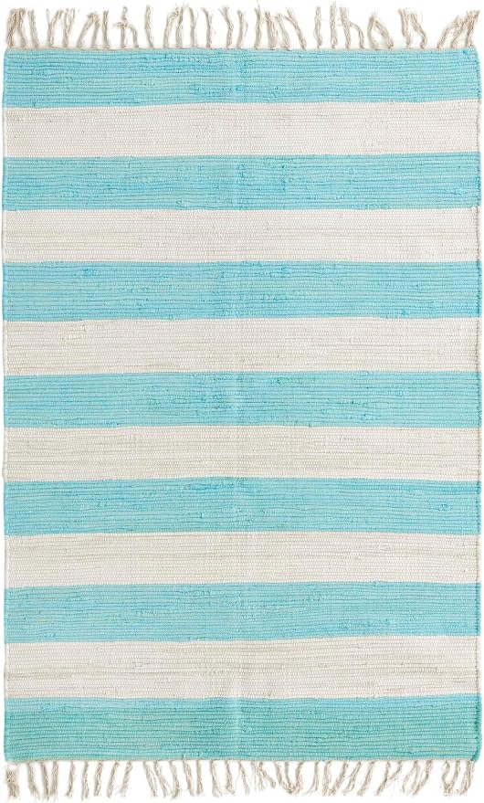 Unique Loom Chindi Rag Collection Area Rug - Striped (4' 1" x 6' 1" Rectangle, Turquoise and Ivory)
