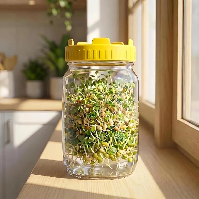 Sprouting Jar Growing Kit for Wide Mouth Mason Jars, Set of 4 Sprouting Lids for Growing Broccoli Seeds, Alfalfa, Mung Bean Sprouts, Masontops Bean Plastic Screen Strainer Lid (Jar Not Included)