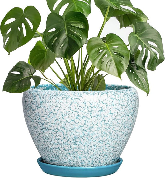 Ceramic Plant Pots, 8 Inch, Crackle Blue | Indoor Plant Pots, Drainage Hole and Tray, Decorative Round Planters, For Outdoor Plants