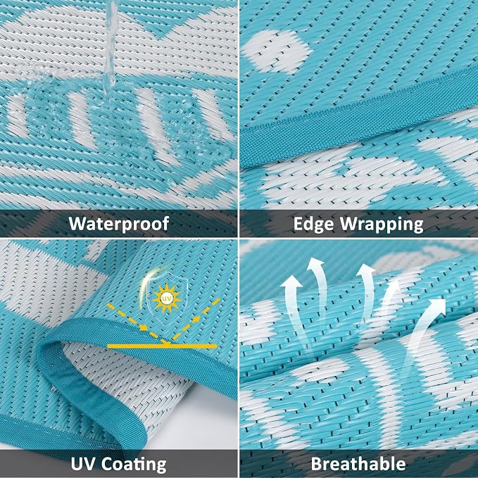 Pauwer Waterproof Outdoor Rug 6x9, Reversible Plastic Straw Patio Camping Rug, Indoor Outdoor RV Mat Carpet for Deck, Camper, Porch, Balcony, Backyard, Picnic, Paisley Teal