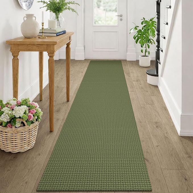 KOZYFLY Runners Rugs for Hallway 2x10, Washable Runner Rug, Woven Non Slip Kitchen Runner, Braided Entryway Rug, Floor Carpet for Entry, Aisle, Hall, Olive Green/Earthy Green