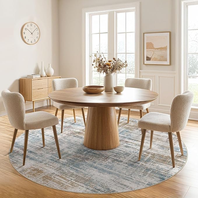 UERMEI 6ft Round Area Rug for Living Room Washable Abstract Blue Brown | Soft Low Pile Non Slip Indoor Carpet Stain Resistant Kid Pet Friendly Circle Rug For Bedroom Dining Room Office Nursery