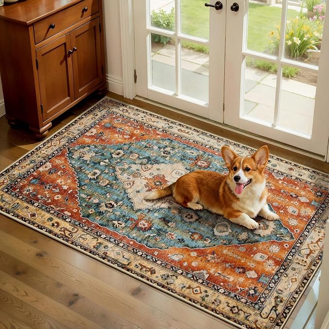 SERISSA 2x4 Washable Non Slip Boho Runner Rug for Entryway | Ultra Soft Vintage Oriental Carpet Low-Pile Tribal Entrance Carpet for Kitchen Bedroom Hallway Laundry Room Bathroom
