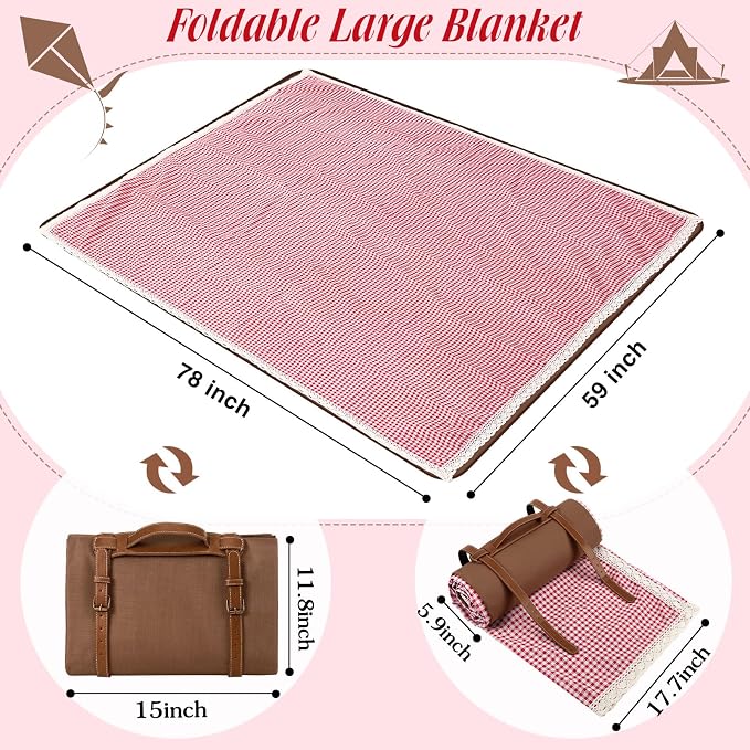 VitalCozy Waterproof Picnic Blankets 59 x 78in Outdoor Blanket Foldable 2 in 1 Double Layer Sandproof Beach Mat with Carry Strap for Camping Lawn Park Beach Grass(Red White)