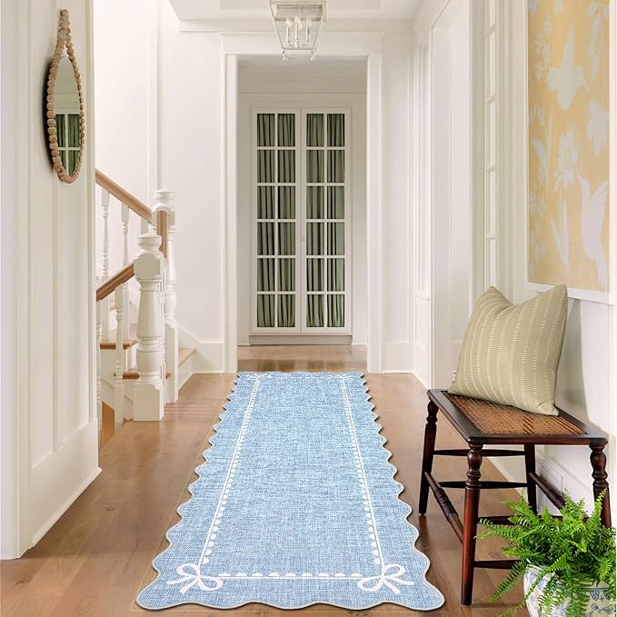 GarveeHome Scalloped Hallway Runner Rug 2.5x8 Non Slip Bedroom Rugs, Blue | Washable Bow Rug for Girls Dorm Nursery Living Room Entyrway Kitchen, Soft Low Pile Ultra-Thin Stain Resistant Indoor Carpet