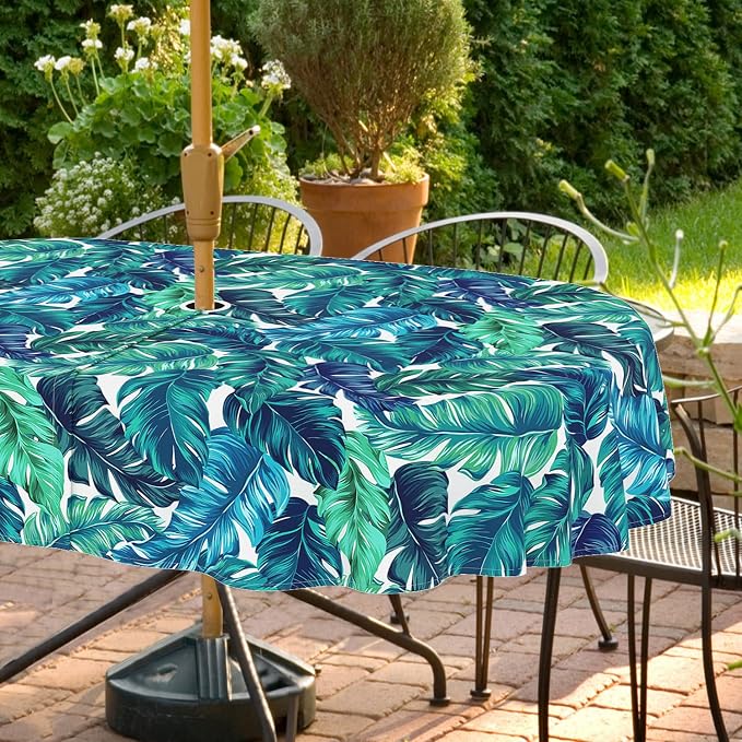 Outdoor Tablecloth with Umbrella Hole and Zipper, Oval Patio Table Covers for Spring/Summer, Machine Washable Outdoor Picnic Table Cloth (Palm Leaves, 60" × 120" Oval)