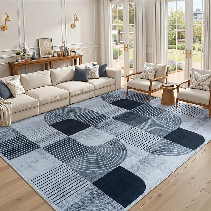 8x10 Area Rugs Washable Living Room Rug - Non-Slip Carpets Modern Rug | Neutral Soft Abstract Carpet Indoor Floor Stain Resistant Carpets for Bedroom Dining Room Nursery Home Office, Blue & Gray
