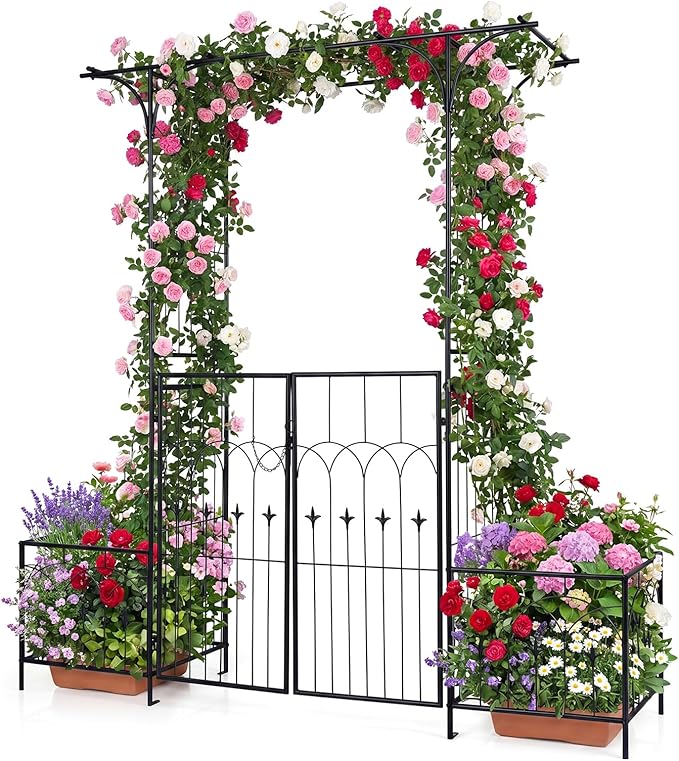 Giantex Garden Arbor with Gate and Planter, 79" W x 81" H Metal Arch Trellis with Double Doors, Outdoor Archway for Climbing Plants, Weddings, Backyard, Patio, Lawn, Ceremony Party Decoration