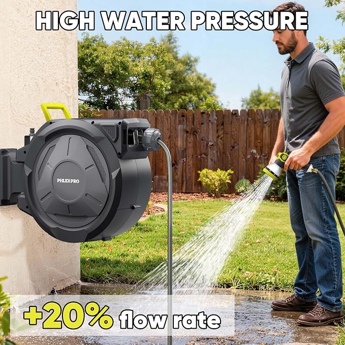 110 FT x 1/2" Retractable Garden Hose Reel, Heavy Duty Automatic Hose Reel Wall Mount - 3/4in Brass Fitting 10 Pattern Nozzle, Any Length Lock Slow Retraction 180° Swivel, Upgraded UV Resistant