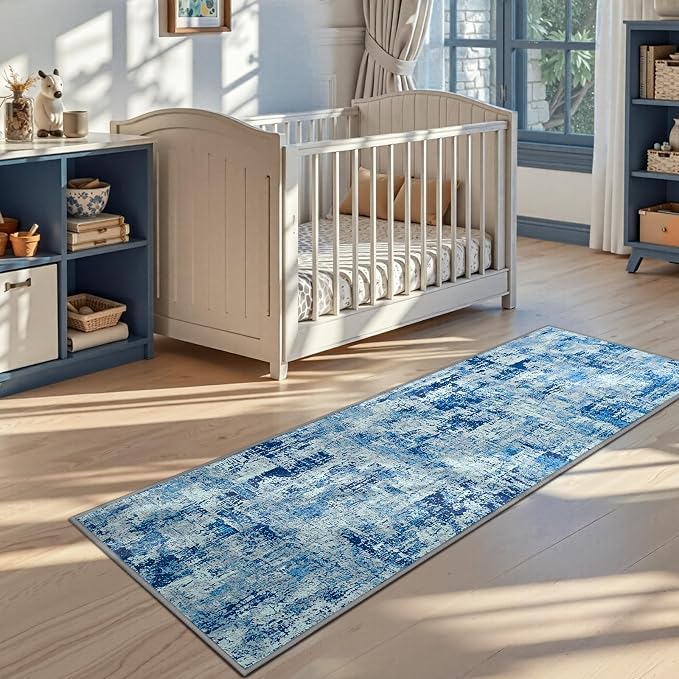Toneed Washable 2x6 Non-Slip Abstract Runner Rug for Hallway Kitchen | Soft Modern Low Pile Area Rugs for Bedroom Laundry Living room,Indoor Carpet for Bedside Home Decor, Denim Blue