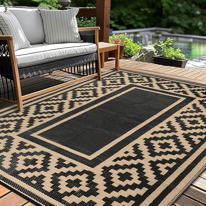Outdoor Patio Plastic Straw Rug - 4x6 ft Outdoor Camping Rug Waterproof Reversible, Area Carpet Patios RV, Outside Porch Balcony Deck for Camper, Stripe Black Brown