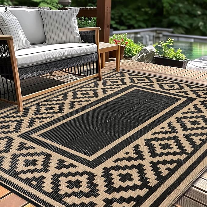 Outdoor Patio Plastic Straw Rug - 5x8 ft Outdoor Camping Rug Waterproof Reversible, Area Carpet Patios RV, Outside Porch Balcony Deck for Camper, Stripe Black Brown