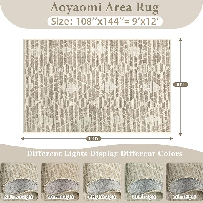 Area Rug for Living Room 9x12: Large Washable Boho Moroccan Rugs Geometric Neutral Rug, Non-Slip Foldable Morden Farmhouse Indoor Floor Carpet for Bedroom Dining Table Home(Cream Beige, 9'X12')