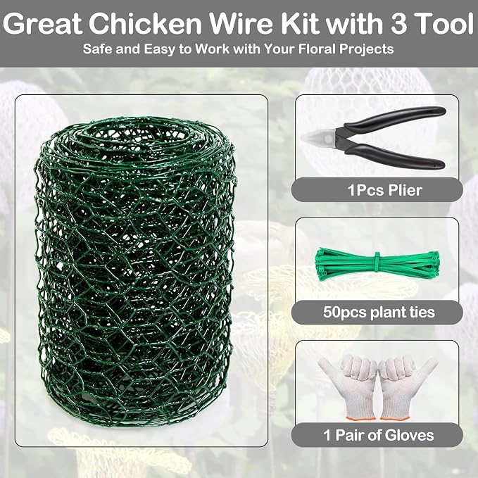 Chicken Wire 4in x 118in with a Pair of Gloves，1 Wire Cutter，50 Pcs Cable Zip Ties, Floral Chicken Wire Mesh 0.8mm Hexagonal Galvanized PVC Coated Garden Netting Fence for Craft Poultry Garden