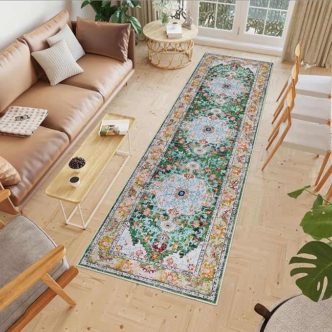 U'Artlines 2' x 8' Boho Hallway Runner Rug Non Slip Washable Runners,Green | Vintage Farmhouse Kitchen Rug Accent Area Carpet for Entryway Laundry and Living Room