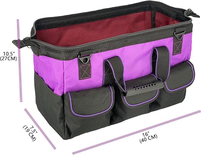 16-inch for women purple Tool Bag Non-slip feet adjustable shoulder strap 14 functional insert pockets,large capacity Men's heavy-duty toolbox,for electricians, carpentry,gardening (Purple)