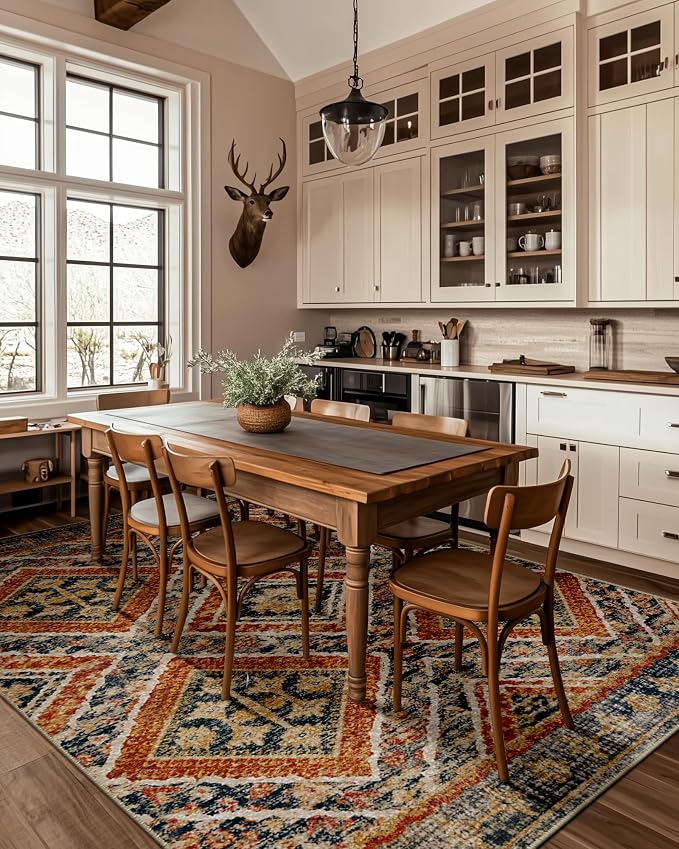 Area Rug 8x10 Rug Machine Washable Non-Slip Low Pile Print Pattern Western Rug for Living Room Bedroom Entryway Tribal Series -Orange/Brown | Soft Western No Slip Low Pile Print Foldable Indoor for Kitchen Dining Room