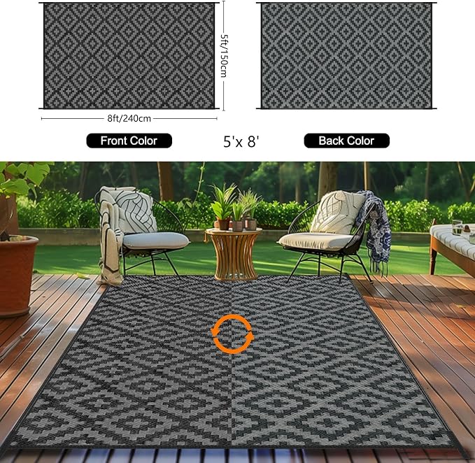Outdoor Patio Plastic Straw Rug - 5x8 ft Outdoor Camping Rug Waterproof Reversible, Area Carpet Patios RV, Outside Porch Balcony Deck for Camper, Black & Grey
