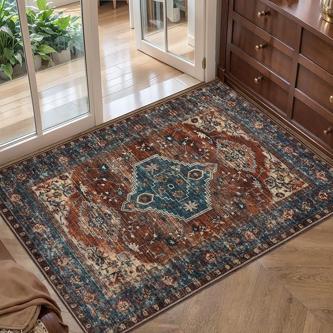 Tangsoo Oriental 2x3 Washable Rugs for Entryway, Non Slip Small Area Rug | Vintage Indoor Front Door Rug, Boho Print Door Mat Soft Low Pile Throw Rugs for Entrance Entry Kitchen Bedroom Bathroom