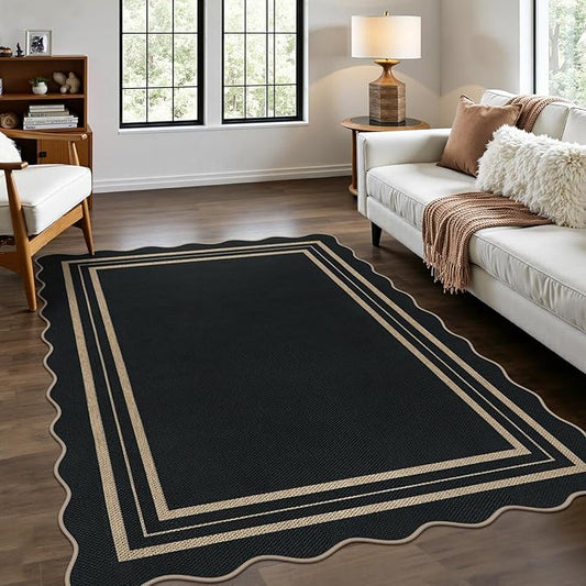 Modern Easy Jute 4x6 Outdoor Patio Rug, Washable Indoor Black Kitchen Rugs Farmhouse Neutral Non Slip Area Rug for Living Room Backyard Bedroom