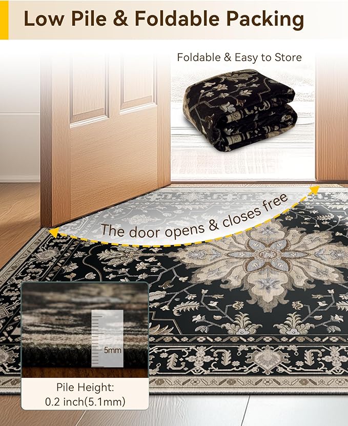 RELEANY Washable Area Rug, Large 10'x14', Black/Neutral | Non-Slip, Water Repellent, Pet Friendly, Easy to Clean, Vintage Floral Boho Decor for Living Room Bedroom Dining Room