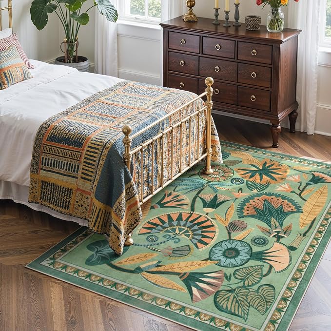 Zealude 5x7 Floral Rug, Green Rug for Living Room, Washable Low Pile Bedroom Rugs, Non Slip Throw Rugs with Rubber Backing, Soft Carpet for Dining Room Home Office Playroom