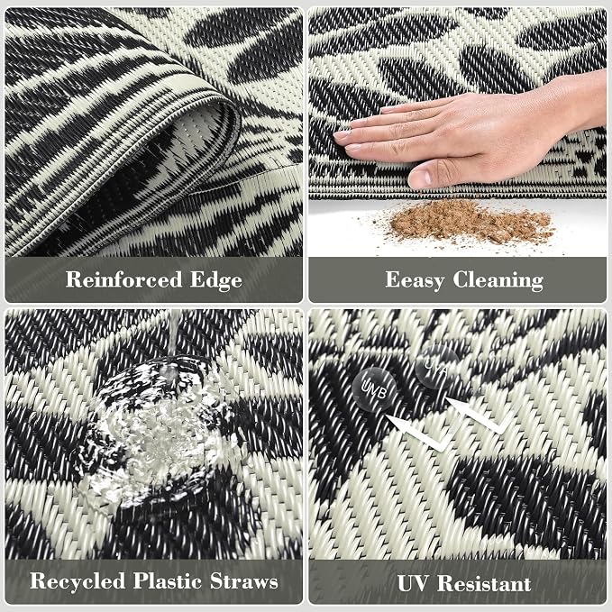 Lahome Outdoor Patio Rugs 8x10 Waterproof, Boho Outdoor Plastic Straw Rug for Porch, Stain Resistant Mats for Backyard Garden Deck Camping Outside, Black White,8'x10'