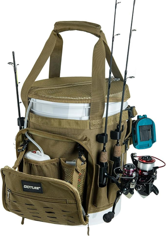 Goture Fishing Bucket Organizer for 5 Gallon Bucket, Heavy-Duty Waterproof Tackle Bag with 15+ Pockets, Ice Auger Holster & Secure Lock Straps for Ice Fishing Gear (Khaki, No Bucket)