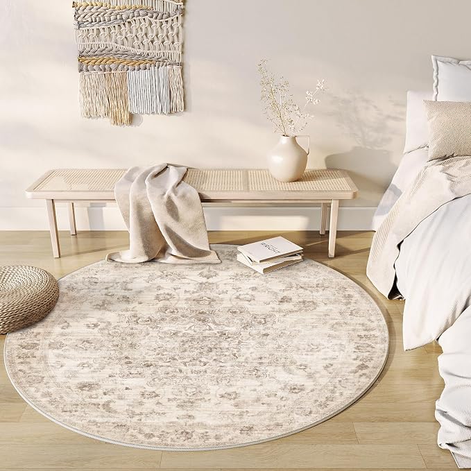 5x5 Beige Neutral Round Rug | Washable, Non Slip, Soft Low Pile, Vintage Farmhouse, for Dining Room Living Room Bedroom Office Entryway Indoor Home Decor