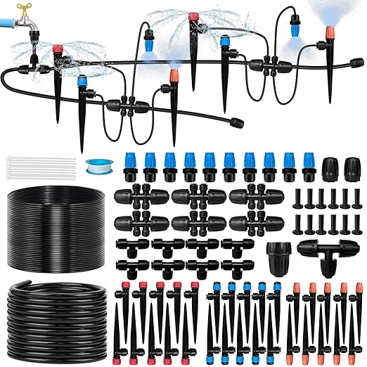 260FT Drip Irrigation System for Garden with 20 Nozzles & Emitters, Garden Watering System with 1/2" & 1/4" Tube and Barbed Fittings - Adjustable Sprinklers Kit for Greenhouse,Lawn,Pond De-Icer
