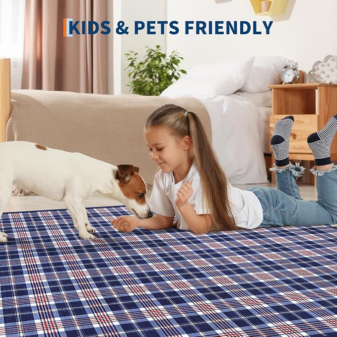 GarveeHome Checkered Area Rugs 9x12 for Living Room, Machine Washable Non Slip Backing Rug, Low-Pile Stain Resistant Indoor Carpet for Bedroom Dining Room Office Nursery Floor Decor Blue