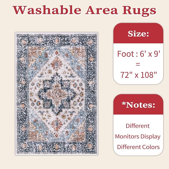 SERISSA 6x9 Washable Non Slip Boho Area Rug for Living Room，Blue Orange | Ultra Soft Vintage Oriental Carpet Low-Pile Distressed Tribal Throw Carpet for Dining Room Bedroom Dorm Office Home Decor