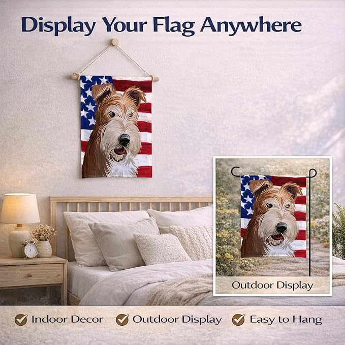 Caroline's Treasures CK6527GF Fox Terrier Wire Dog American Flag Garden Flag Mailbox Flag Decorative Yard Flag Banner Outside Patio Artwork Yard Flower Beds, Garden Size, Multicolor