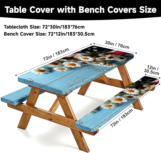NYZE 3 Pieces Outdoor Picnic Table Cover with Bench Covers Set, Blue Wooden Daisies Camping Tablecloth Bench Covers with Drawstring Bag, Camping Essentials for Outdoor Picnics, Patio, BBQ