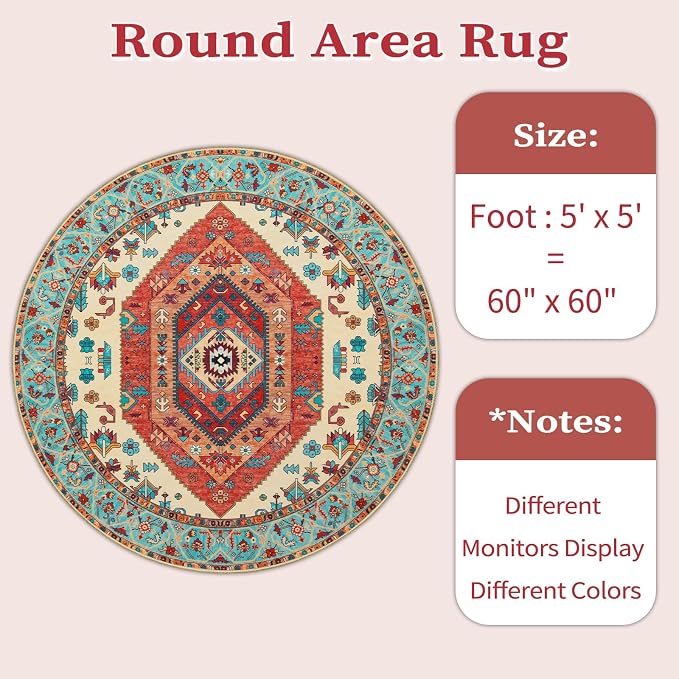 SERISSA 5ft Washable Non Slip Round Boho Area Rug for Bedroom，Orange | Ultra Soft Vintage Oriental Carpet Low-Pile Tribal Circular Indoor Mat for Entryway Kids Room College Dorm Living Room