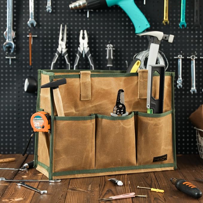 Heavy-Duty 16oz Waxed Canvas Tool Tote Bag - Water-Resistant Wide Mouth Organizer with Reinforced Handle | Large Capacity Tool Storage for Wrenches (16.5" x 12.5" x 6.5", Khaki)