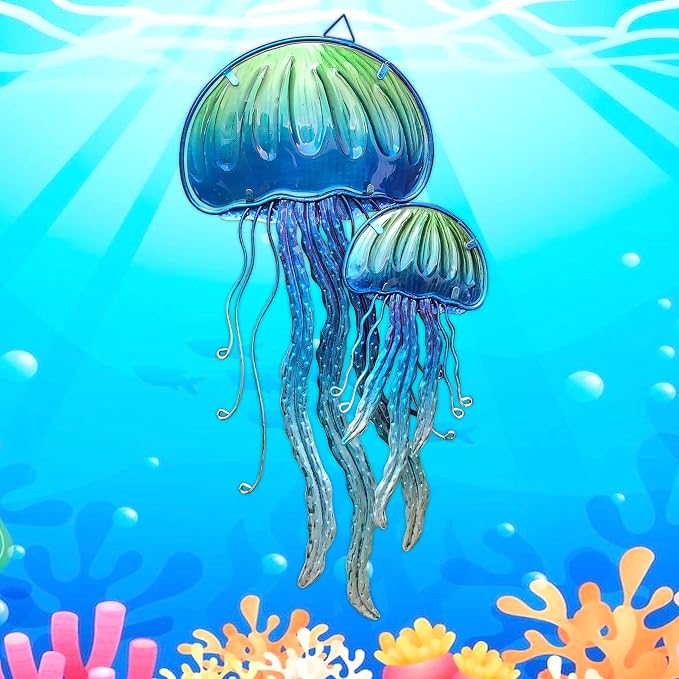 JOYBee Ocean Jellyfish Wall Art Decor-Sea Life Nautical Home Hanging Decor-Glass&Metal Jellyfish Decoration for Pool,Beach,Patio,Living Room,Bathroom,Boat, Coastal Decorations(17inch)