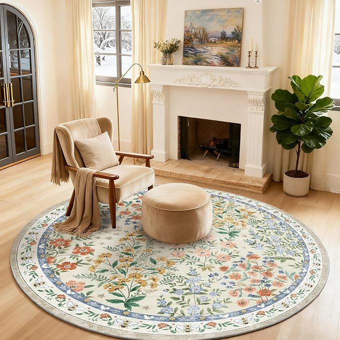 Washable Round Rugs for Bedroom 4ft: Living Room Rug Stain Resistant Non Slip Low Pile Ultra Soft Faux Wool Small Circle Rugs for Entryway Kitchen Bathroom Nursery Dorm Home Office Entrance Indoor