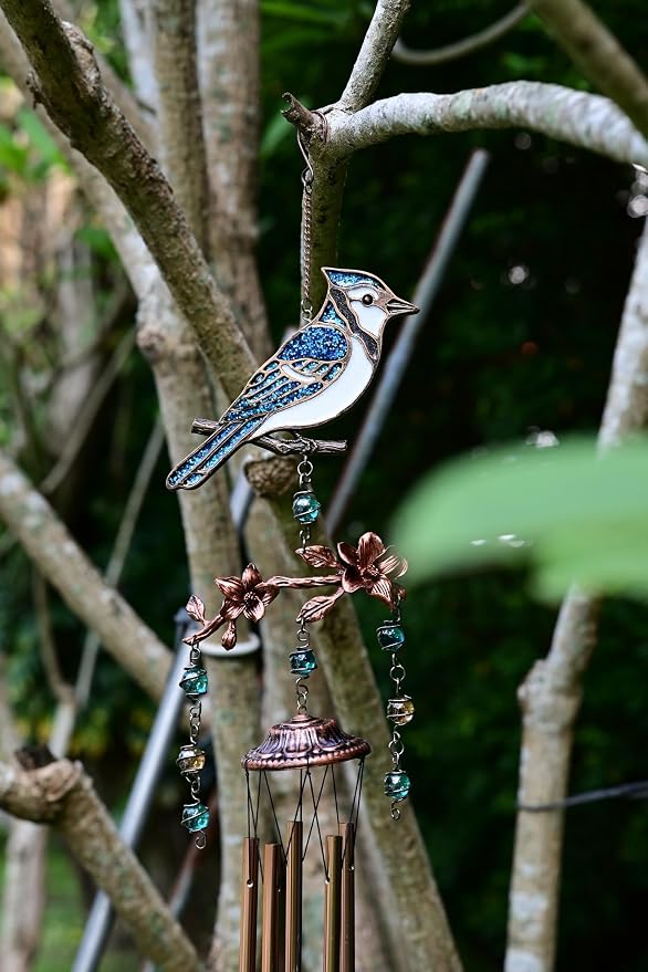 Wind Chimes - Wind Chimes for Outside Deep Tone 32 inches 5 Aluminum Tubes, Birthday, Memorial, Gifts for Mom, Grandma, Daughter, Decoration for Home, Garden, Patio, Backyard (32" Bluejay)