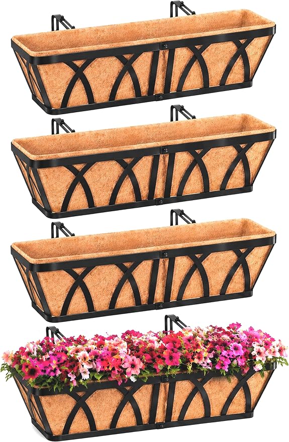 HKZ Deck Balcony Railing Planter Window Boxes - 4 Pack 24 Inch Planter Box, Balcony Planters Railing Hanging, Window Boxes Outdoor Fence Planters