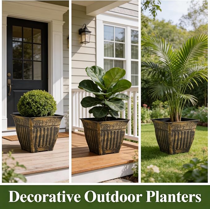 14 Inch Vintage Square Planter - 4 Pack Heavy Duty Antique Gold Plastic Flower Pot with Drainage & Raised Base, Retro 7 Gal Plant Container for Outdoor Patio, Porch, Indoor (13" Tall)