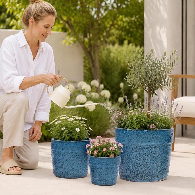 Ceramic Planters Set of 3, 15/12/9 Inch Indoor & Outdoor Large Plant Pots with Drainage Hole, Handmade Speckled Glaze Decorative Flower Pots for Indoor Plants, Patio & Garden, Antique Blue