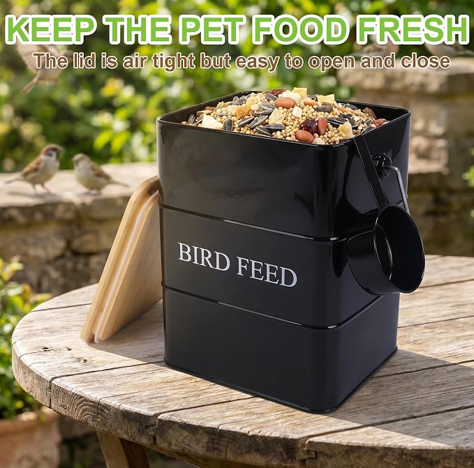 Metal Bird Seeds storage container,Outdoor Bird Container Canister, Pet Food Bin with Wooden Lid/Handle/Food scoop,hold 5-6 Lbs of Wild Bird Seed Sunflower Seed-Preventing Squirrels-Black