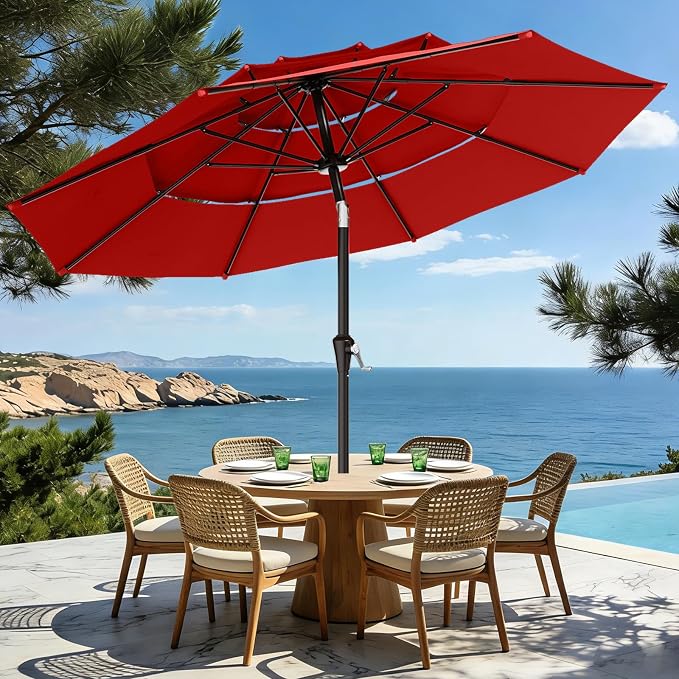 AreShark 9ft 3-Tier Patio Umbrellas, Outdoor Umbrella with 8 Sturdy Ribs UV Protection Windproof, Market Table Umbrella w/Push Button Tilt & Crank for Pool, Porch, Deck, Garden(Red)